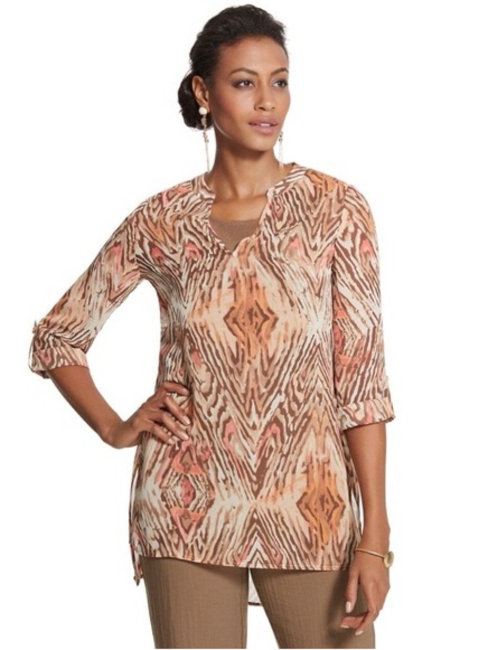 Chico’s Travelers Sheer Abstract Animal Print Tunic Size M Earthy Boho Travel